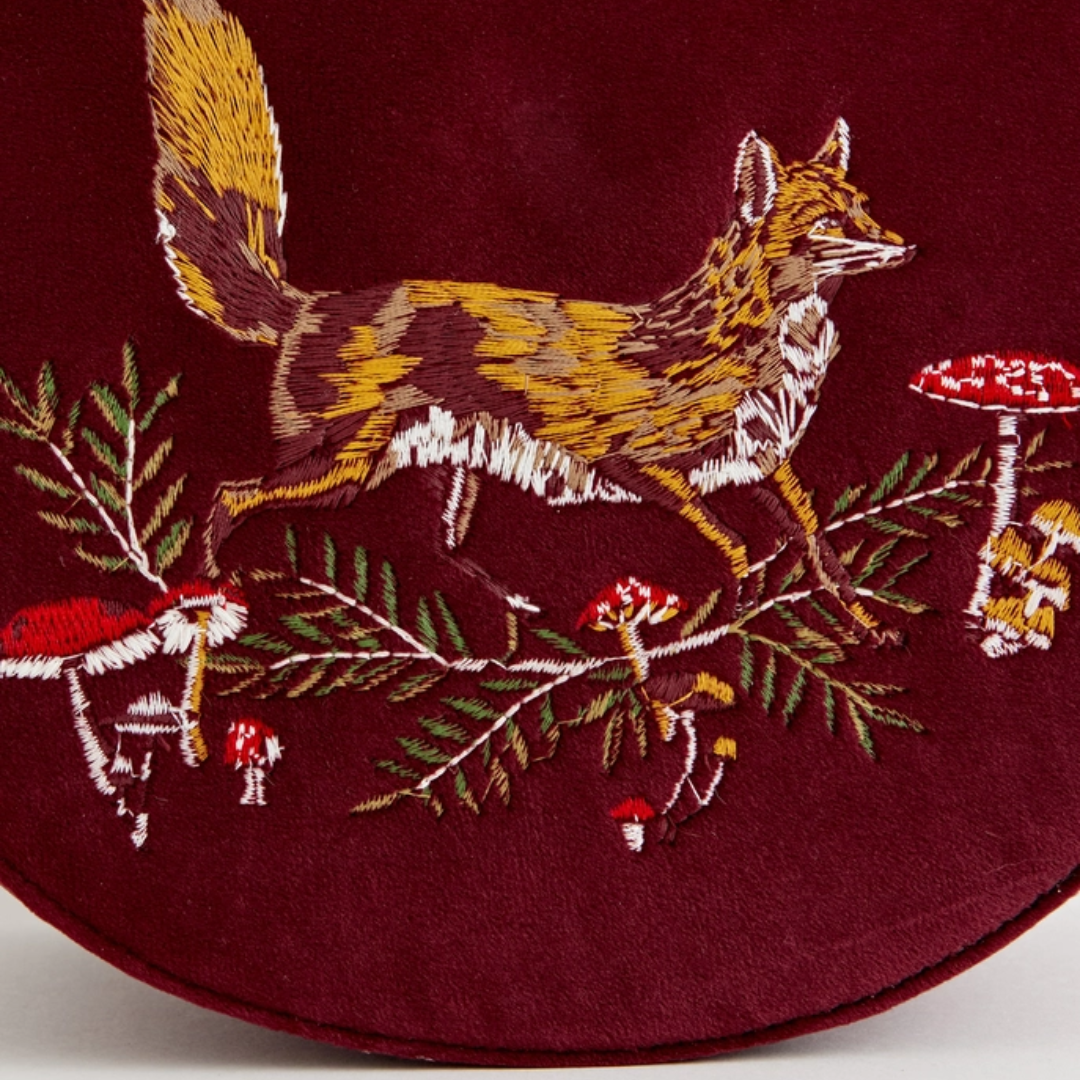 Fox &amp; Mushroom Embroidered Velvet Saddle Purse