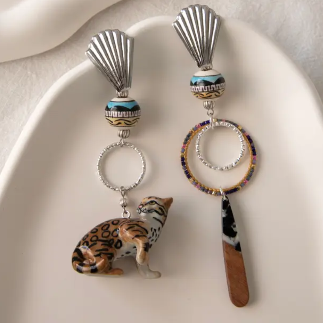 Asymmetrical Leopard Dangle Earrings - Floral Fawna