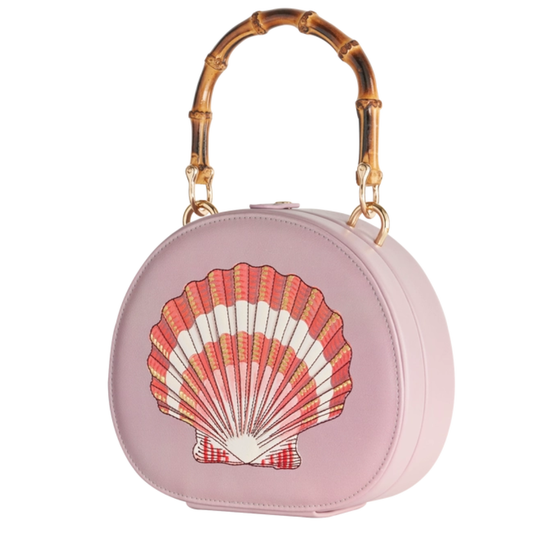 Embroidered Shell Lilac Bamboo Top Handle Bag