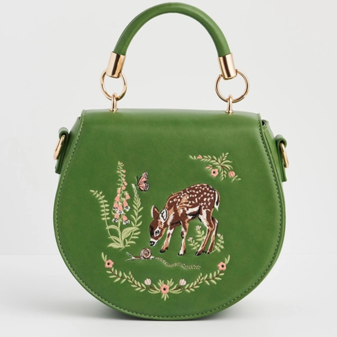 Fawn &amp; Snail Green Embroidered Top Handle Bag