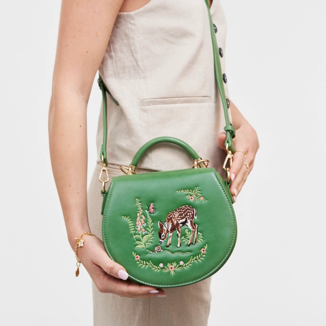 Fawn &amp; Snail Green Embroidered Top Handle Bag