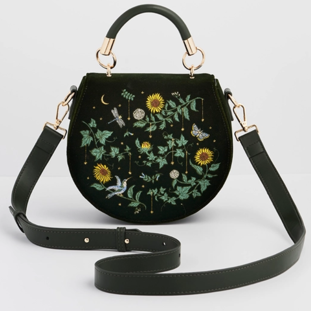 Sunflower Green Velvet Embroidered Top Handle Bag