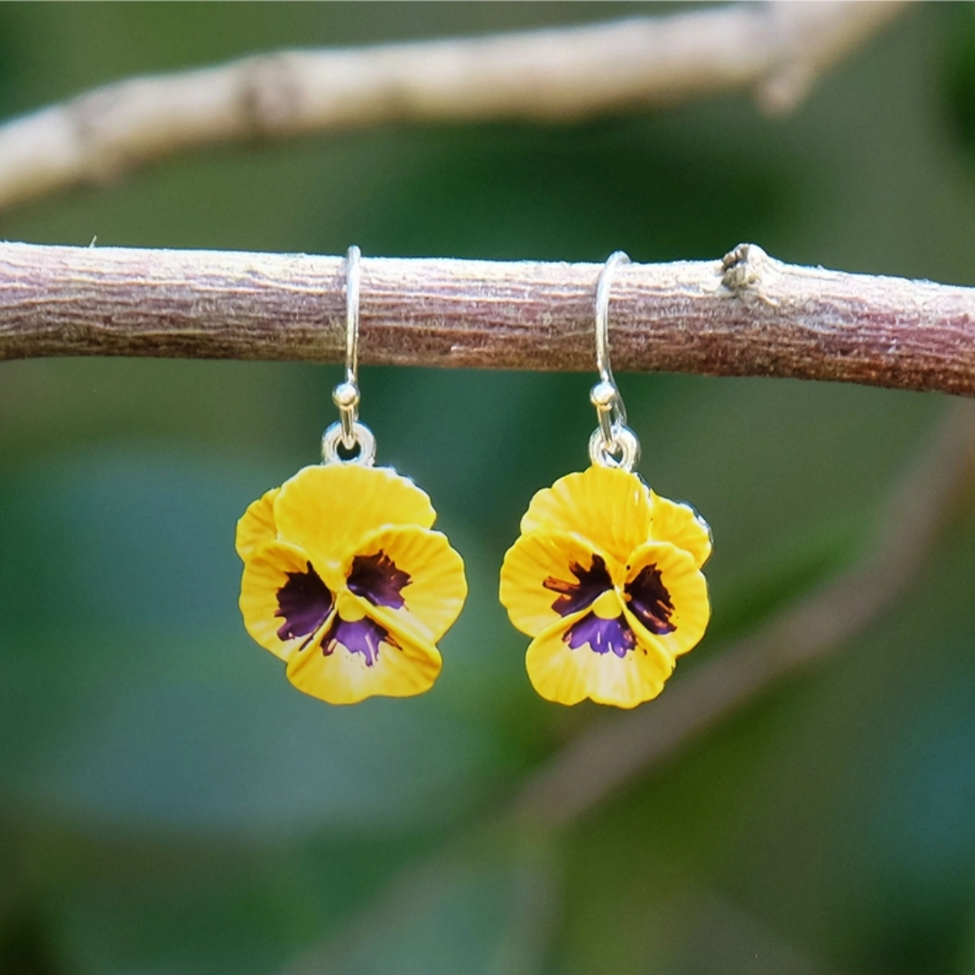 Pansy Yellow Flower Drop Hook Earrings