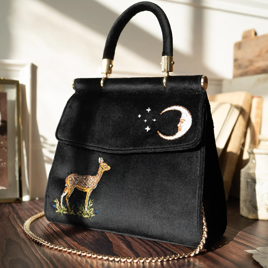 Deer &amp; Moon Embroidered Black Velvet Tote Bag