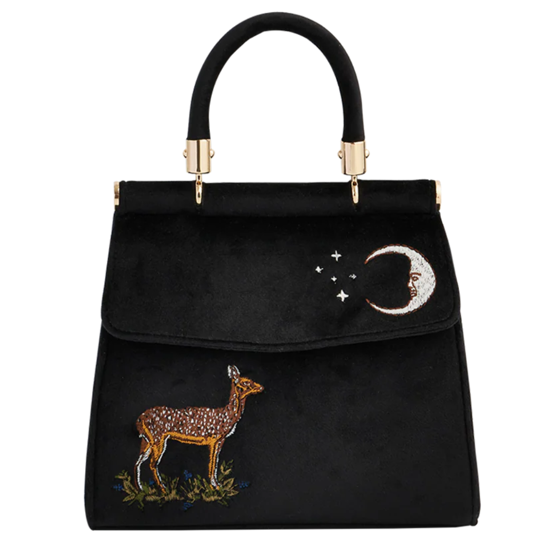 Deer &amp; Moon Embroidered Black Velvet Tote Bag