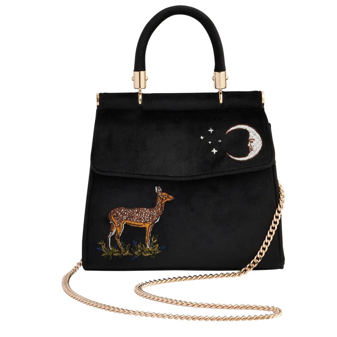 Deer &amp; Moon Embroidered Black Velvet Tote Bag