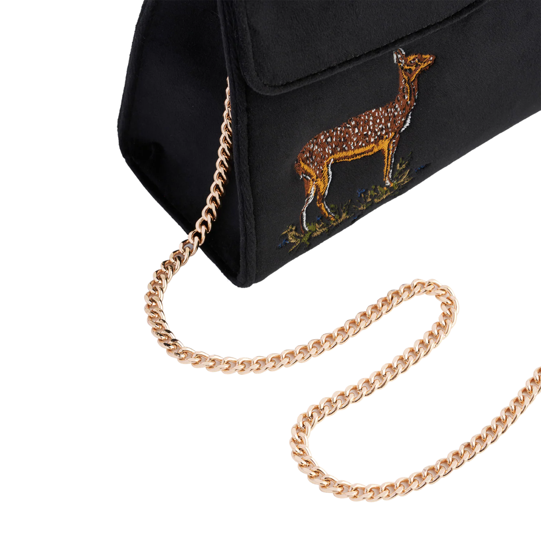 Deer &amp; Moon Embroidered Black Velvet Tote Bag