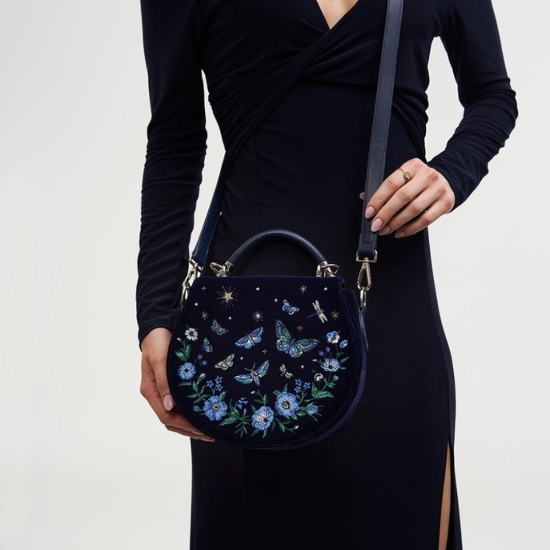 Velvet Navy Butterfly Embroidered Saddle Bag 🦋