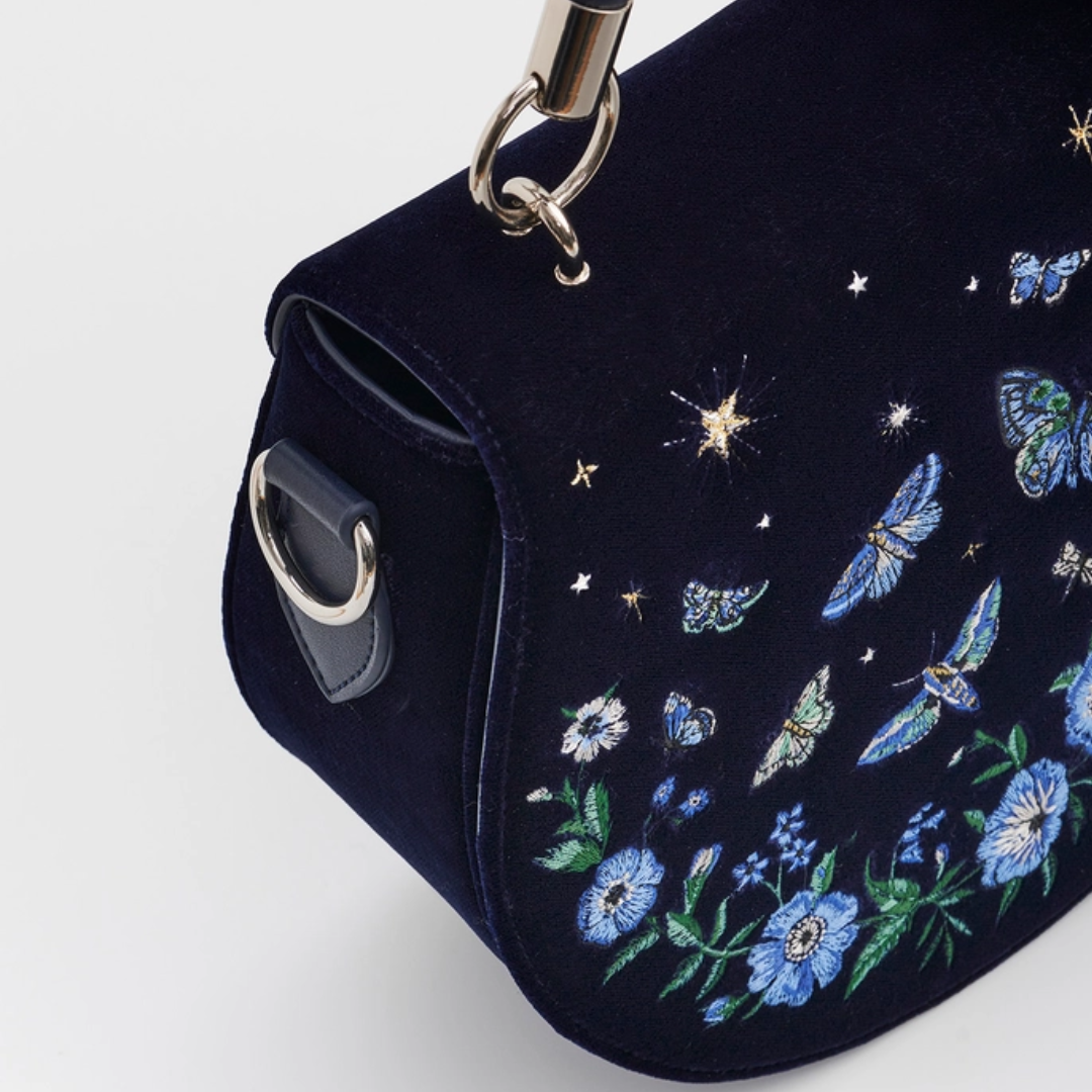 Velvet Navy Butterfly Embroidered Saddle Bag 🦋