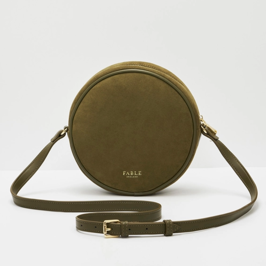 Chloe Hedgehog Embroidered Circle Bag in Khaki Suede