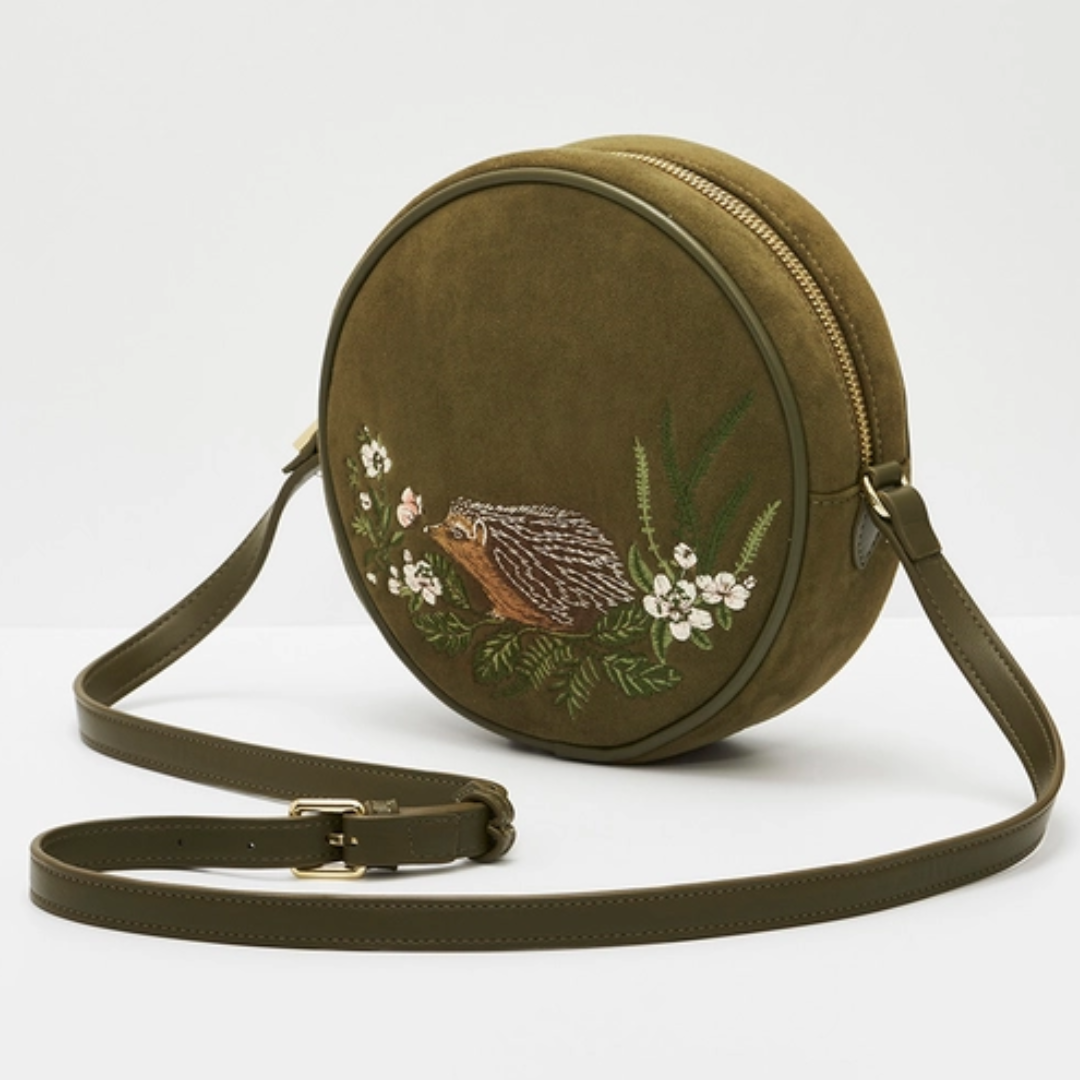 Chloe Hedgehog Embroidered Circle Bag in Khaki Suede