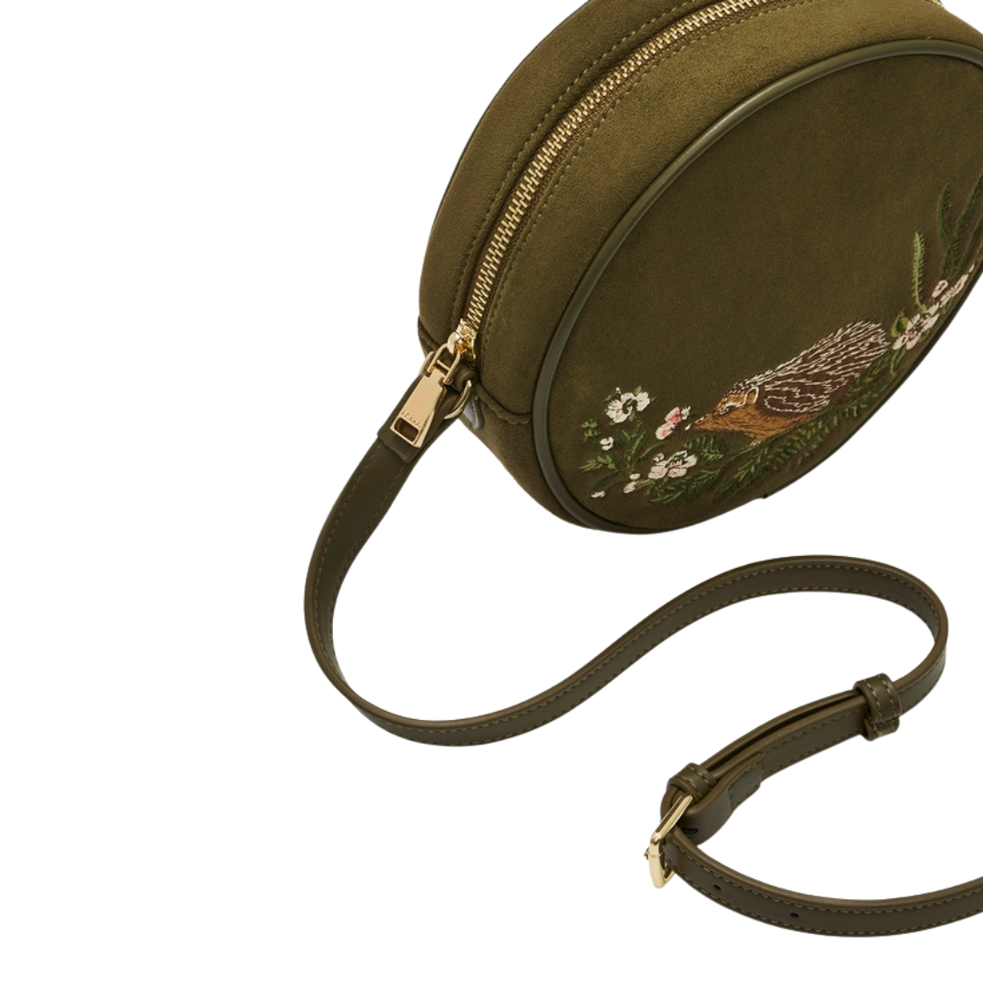 Chloe Hedgehog Embroidered Circle Bag in Khaki Suede