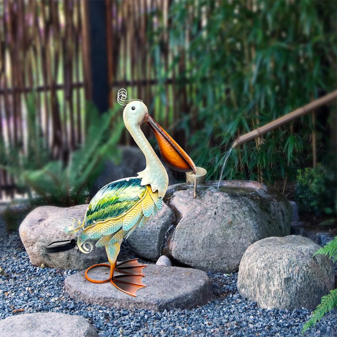 Solar Metal Pelican Garden Sculpture - Floral Fawna