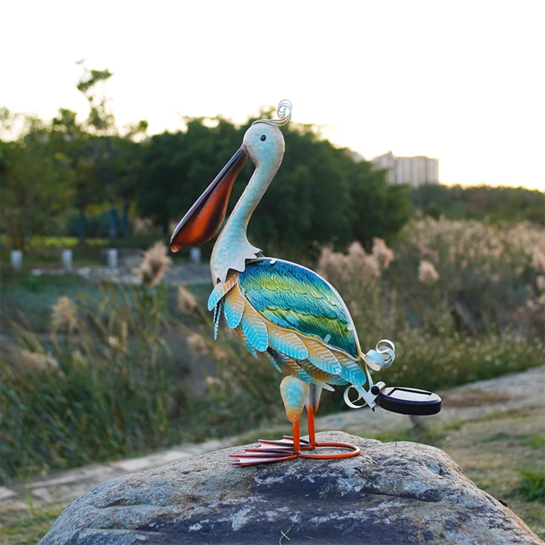 Solar Metal Pelican Garden Sculpture - Floral Fawna