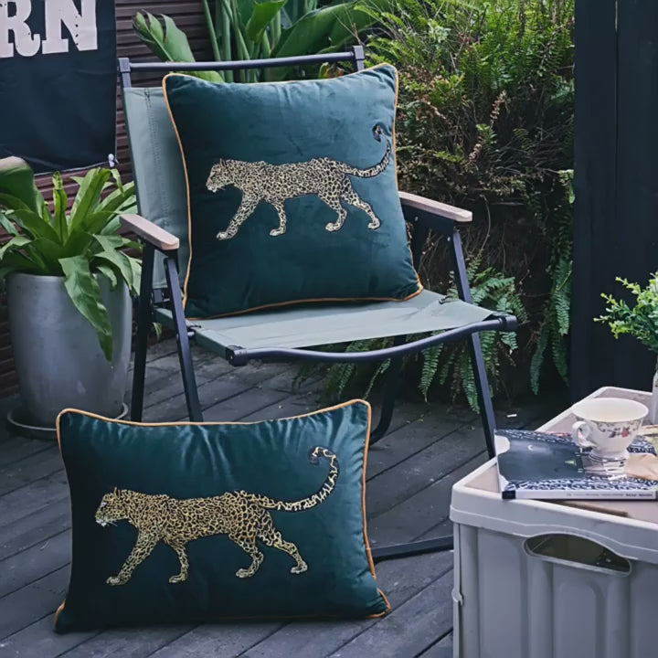 Golden Leopard Embroidered Pillow Cover