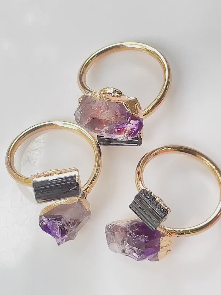 Raw Tourmaline and Amethyst Ring