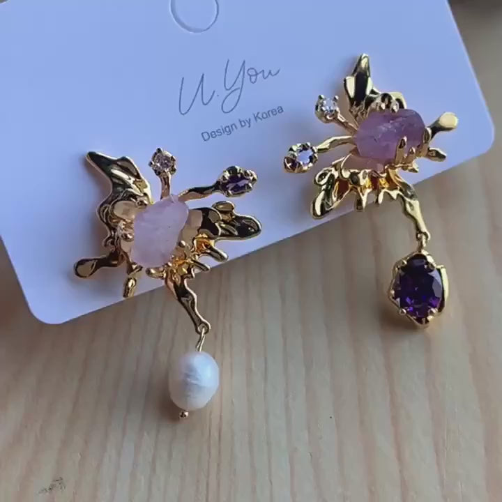 Freshwater Pearl &amp; Stone Asymmetrical Earrings