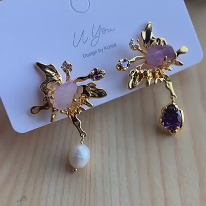 Freshwater Pearl &amp; Stone Asymmetrical Earrings