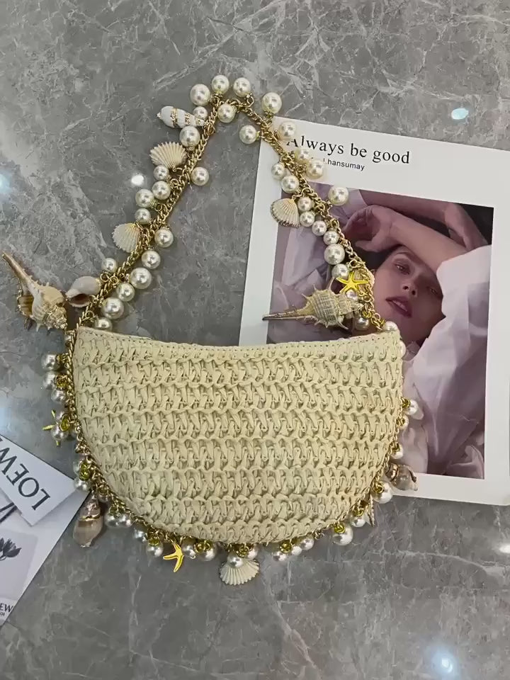 Straw Pearl and Shell Handbag