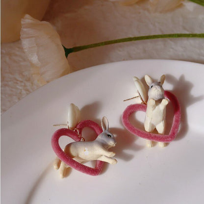 Kawaii Rabbit Heart Earrings - Floral Fawna