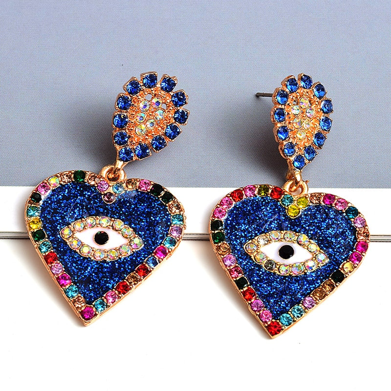 Rhinestone Heart Eye Earrings - Floral Fawna