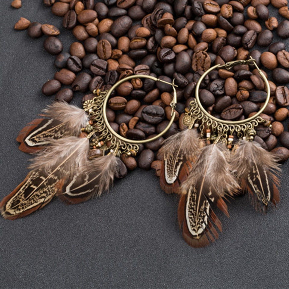 Feather Tassel Pendant Earrings - Floral Fawna