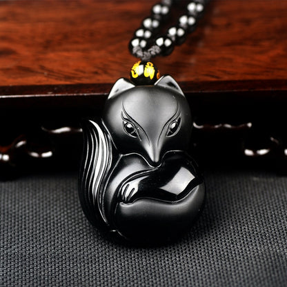 Obsidian Carved Fox Amulet - Floral Fawna