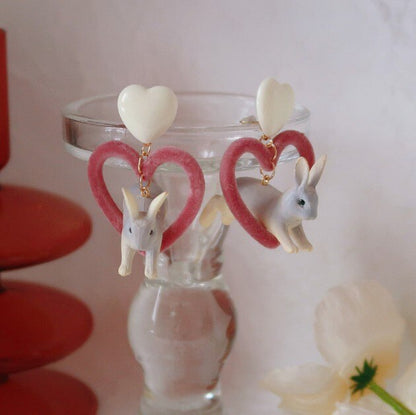 Kawaii Rabbit Heart Earrings - Floral Fawna