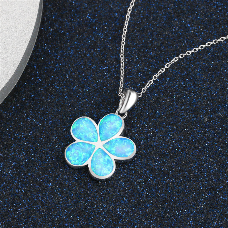 Blue Opal Flower Silver Necklace - Floral Fawna