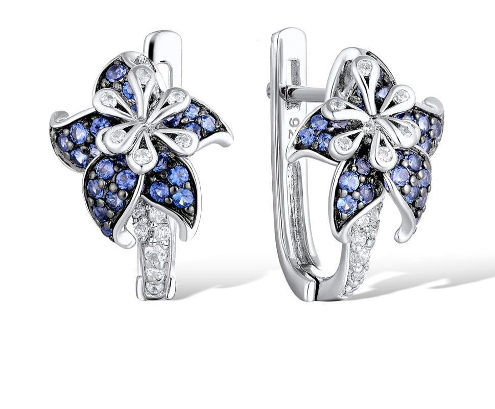 Blue Blooming Flower Silver Ring and Earrings Set - Floral Fawna