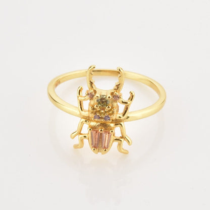 Sterling Silver Zircon Beetle Ring - Floral Fawna