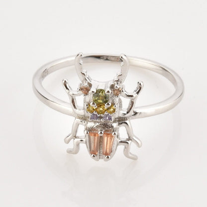 Sterling Silver Zircon Beetle Ring - Floral Fawna