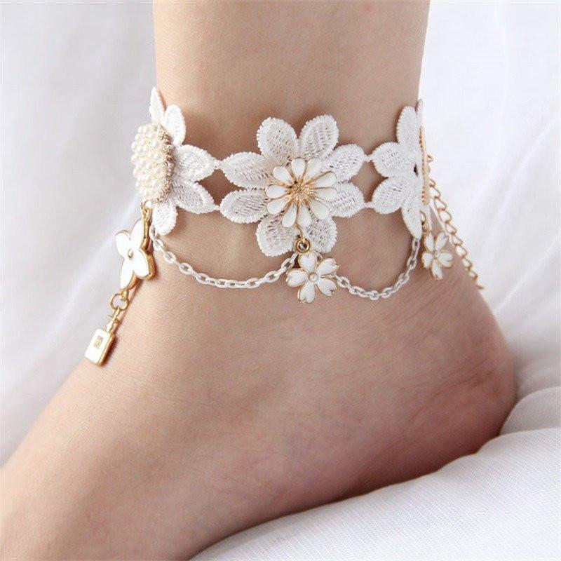 Bohemian Flower White Lace Anklet - Floral Fawna