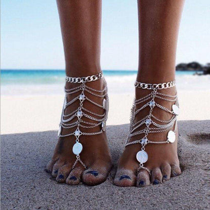 Ethnic Multilayer Coin Tassel Anklet - Floral Fawna