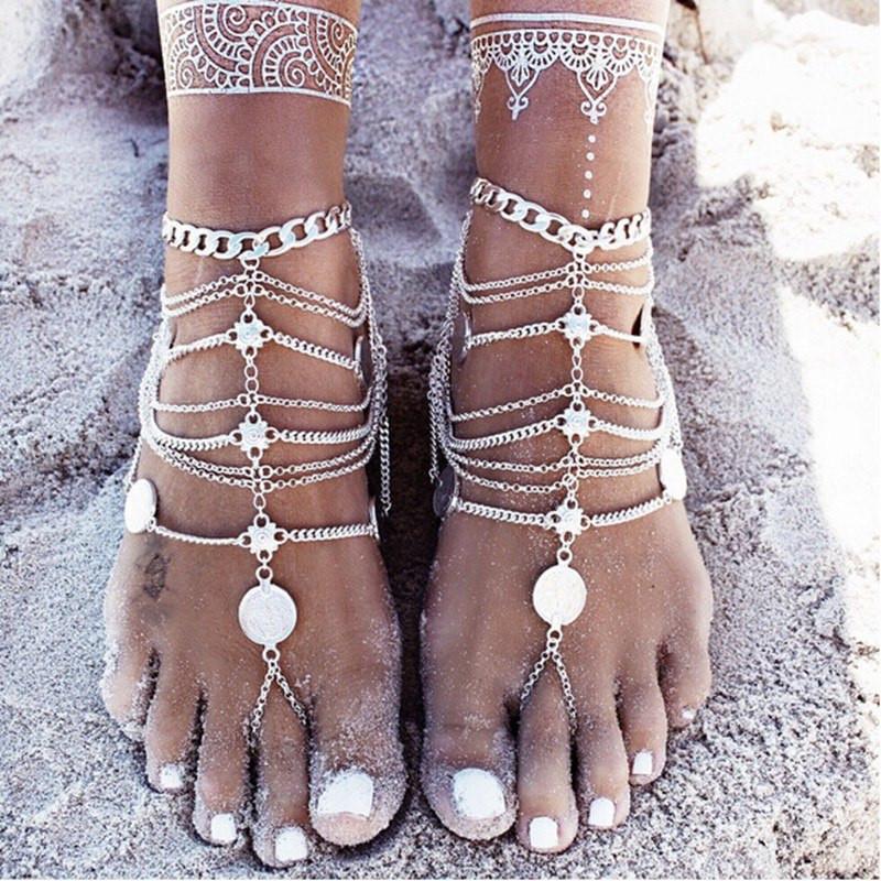 Ethnic Multilayer Coin Tassel Anklet - Floral Fawna