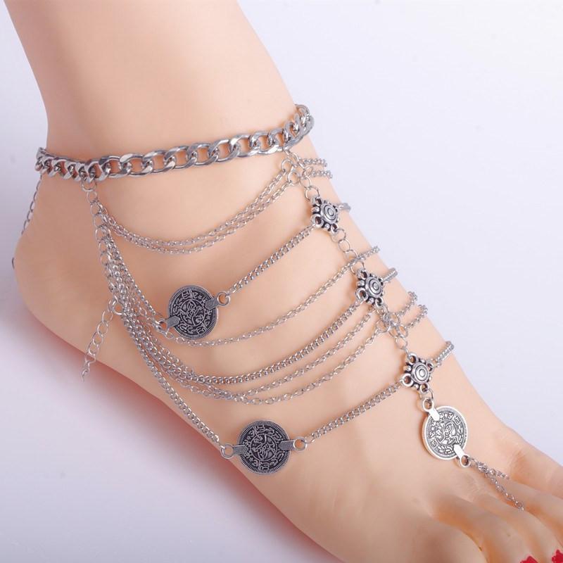 Ethnic Multilayer Coin Tassel Anklet - Floral Fawna