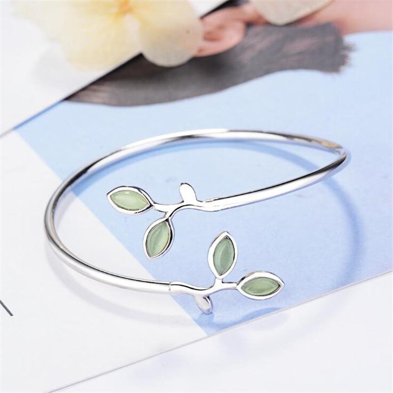 Green Opal Leaves Silver Bangle - Floral Fawna