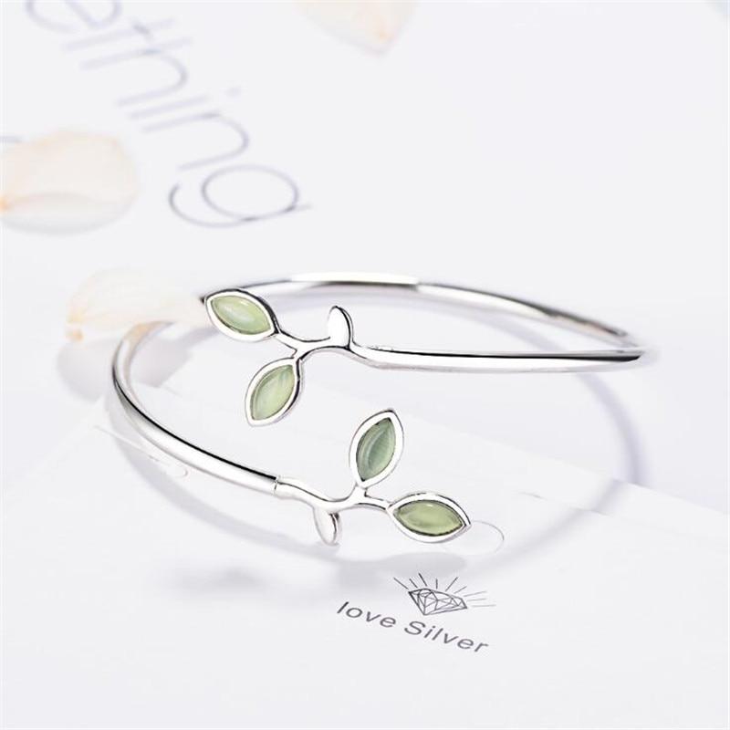 Green Opal Leaves Silver Bangle - Floral Fawna