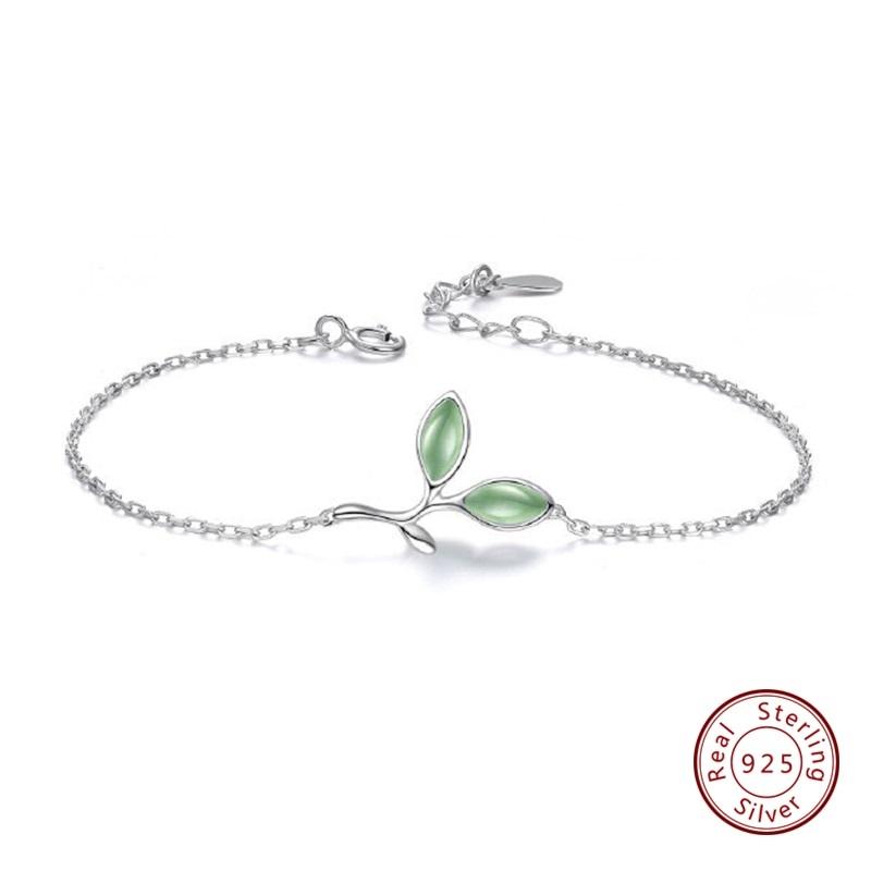 Green Opal Leaves Sterling Silver Bracelet - Floral Fawna