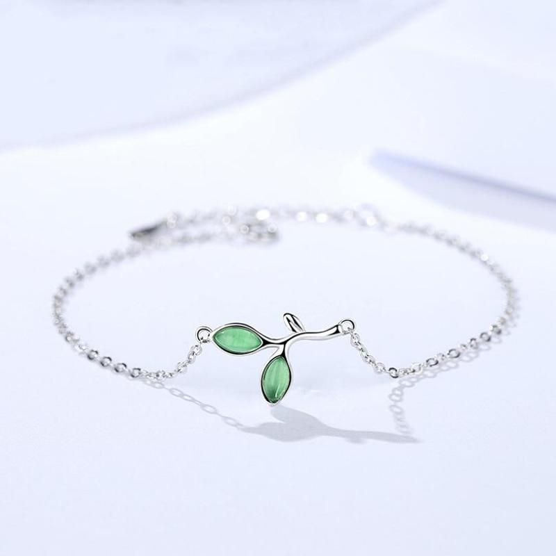 Green Opal Leaves Sterling Silver Bracelet - Floral Fawna