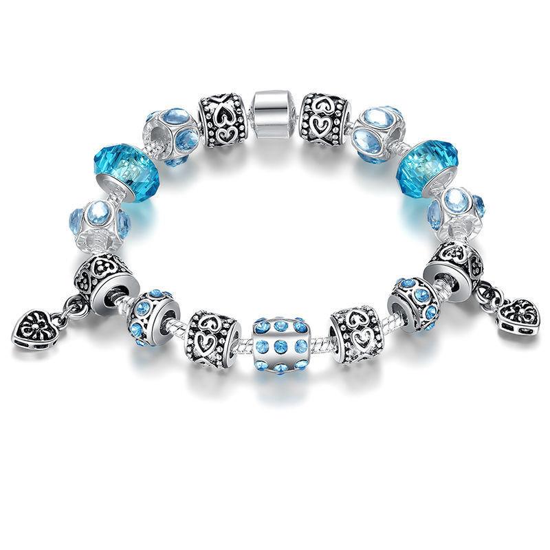 Silver Crystal Bracelet With Blue Murano Glass Beads - Floral Fawna