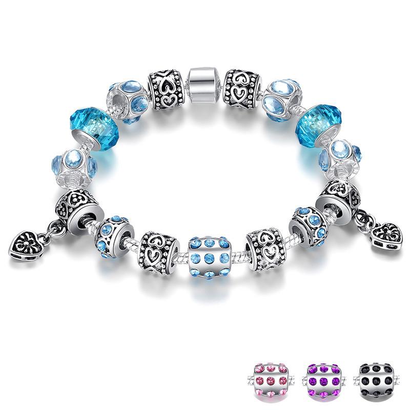 Silver Crystal Bracelet With Blue Murano Glass Beads - Floral Fawna