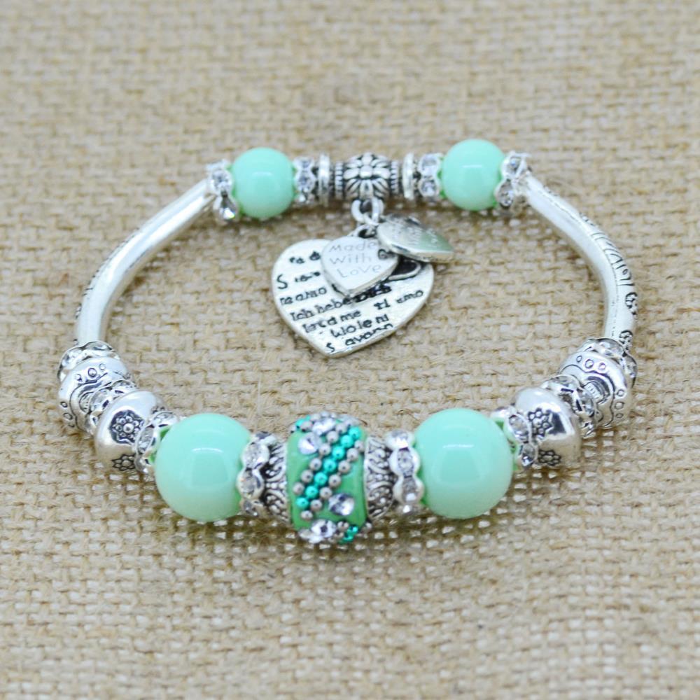 Sterling Silver Heart Charm Bracelet with Glass Beads - Floral Fawna