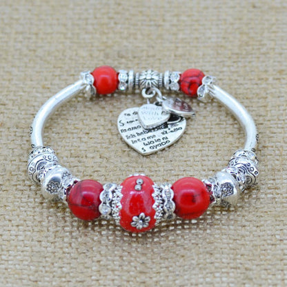 Sterling Silver Heart Charm Bracelet with Glass Beads - Floral Fawna