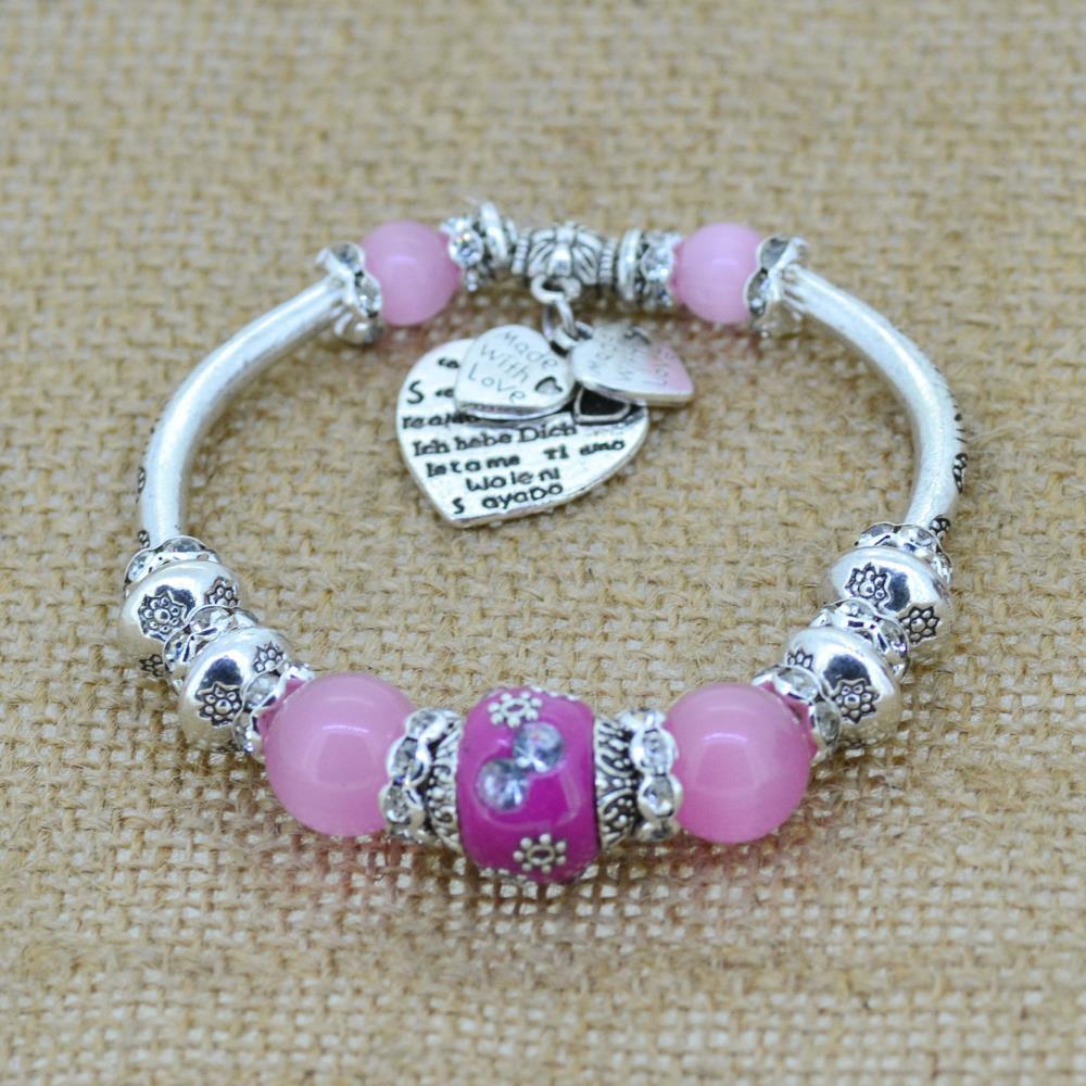 Sterling Silver Heart Charm Bracelet with Glass Beads - Floral Fawna