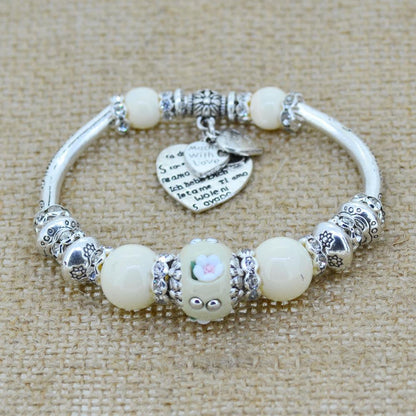 Sterling Silver Heart Charm Bracelet with Glass Beads - Floral Fawna