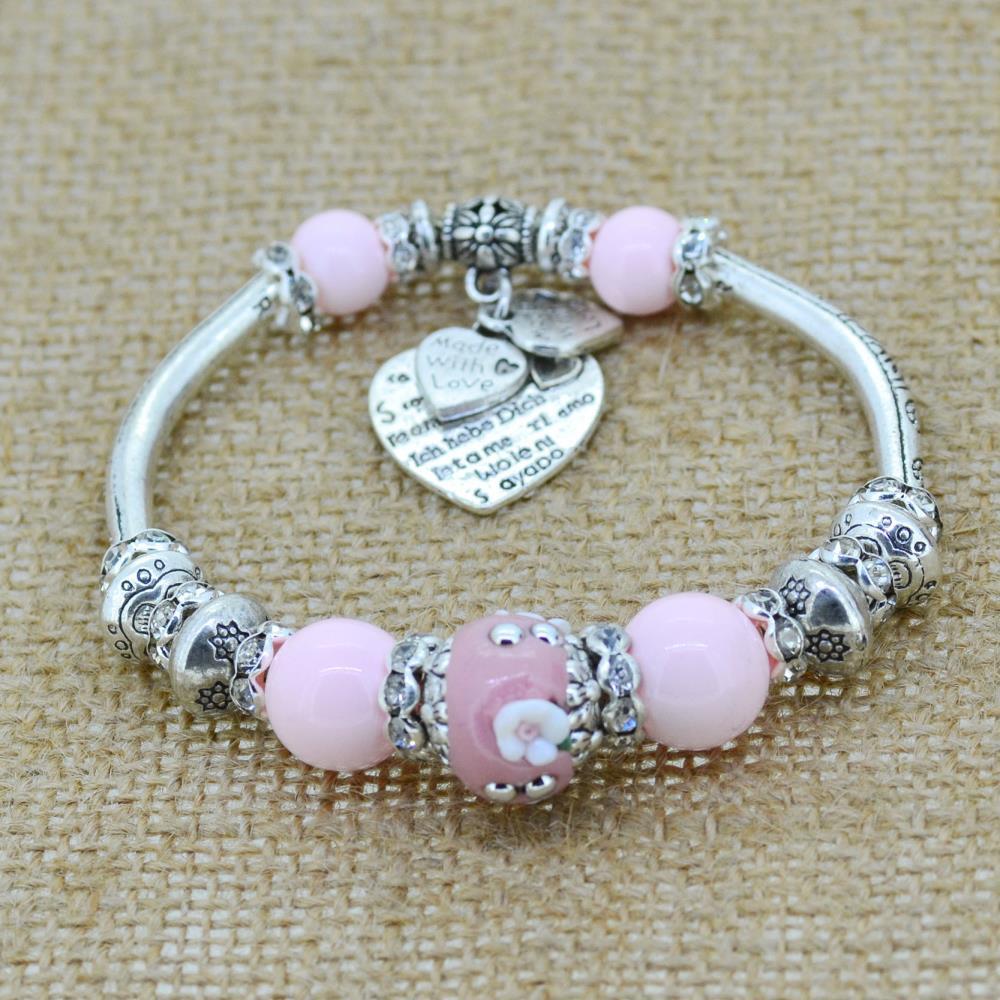 Sterling Silver Heart Charm Bracelet with Glass Beads - Floral Fawna