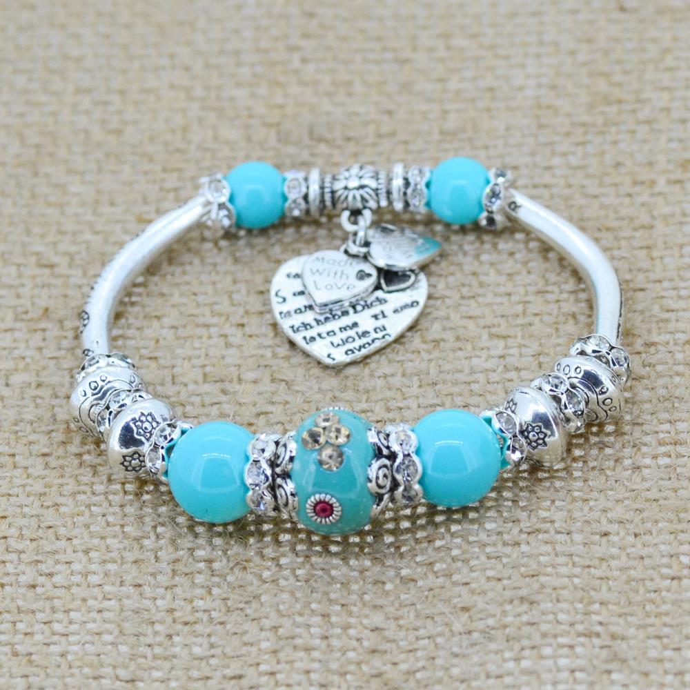 Sterling Silver Heart Charm Bracelet with Glass Beads - Floral Fawna