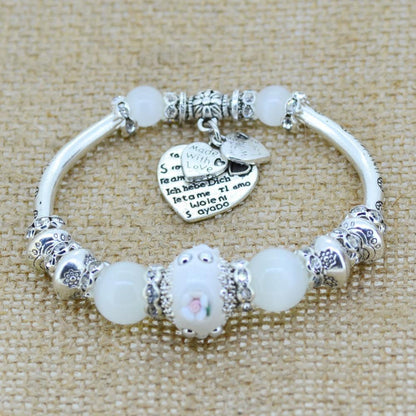 Sterling Silver Heart Charm Bracelet with Glass Beads - Floral Fawna