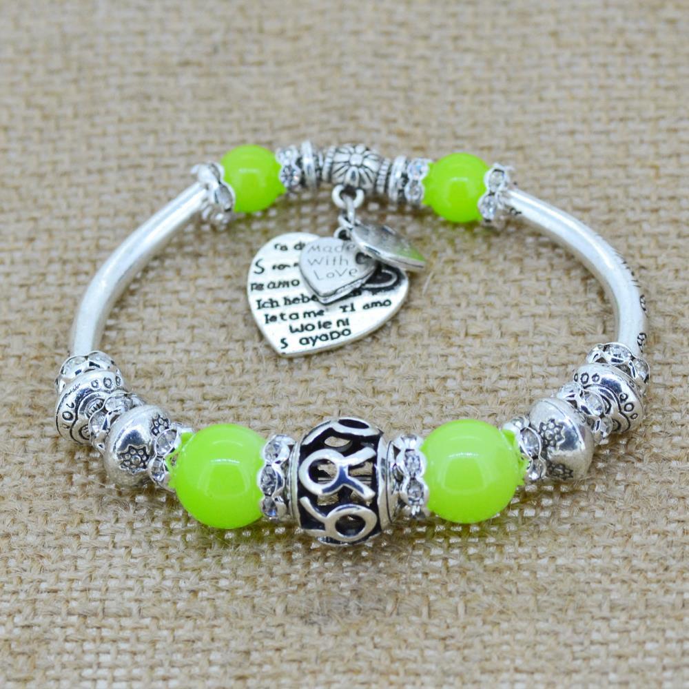 Sterling Silver Heart Charm Bracelet with Glass Beads - Floral Fawna